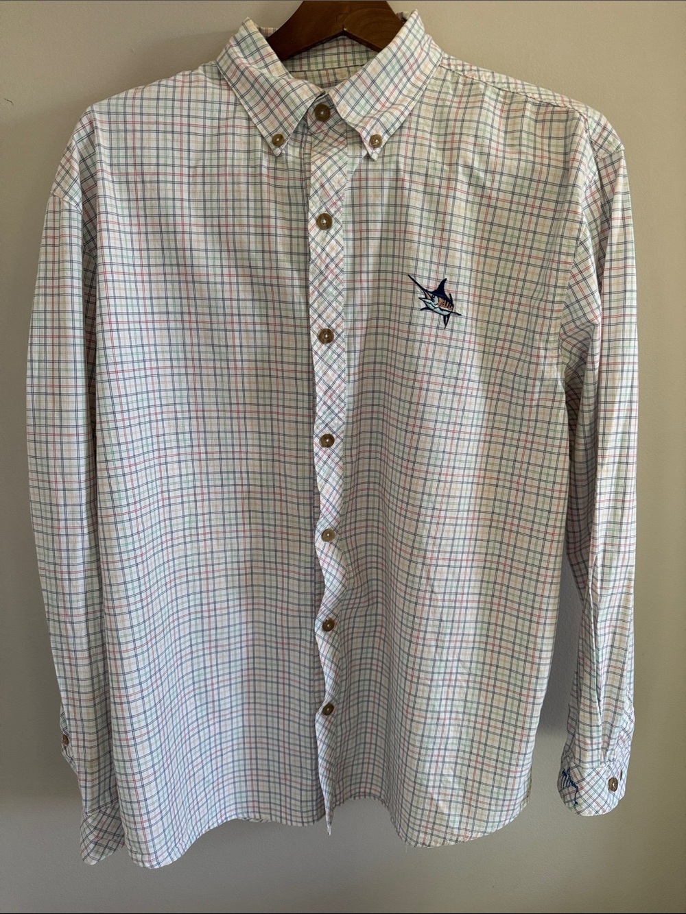 Guy Harvey Pastel Plaid Button-Down Shirt - White with Blue, Red, Yellow & Green